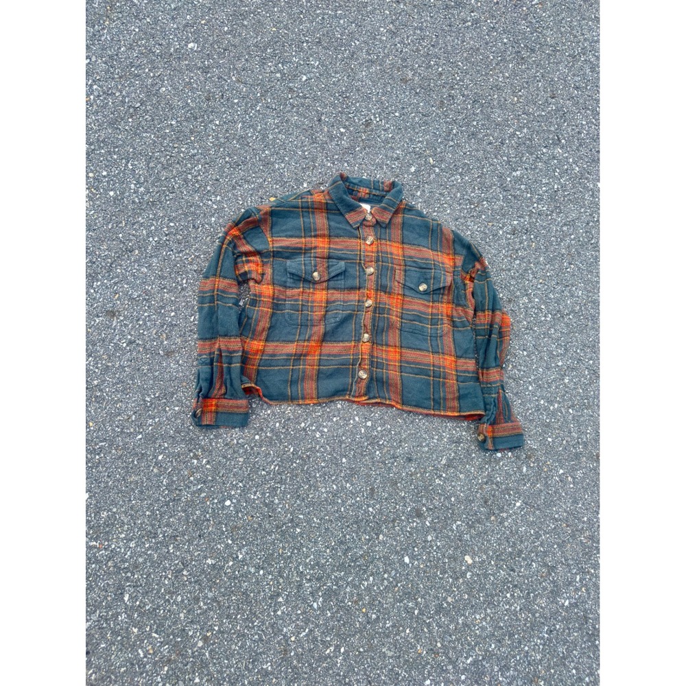 American Eagle Cropped Flannel Shirt Green Orange Plaid Raw Hem Small